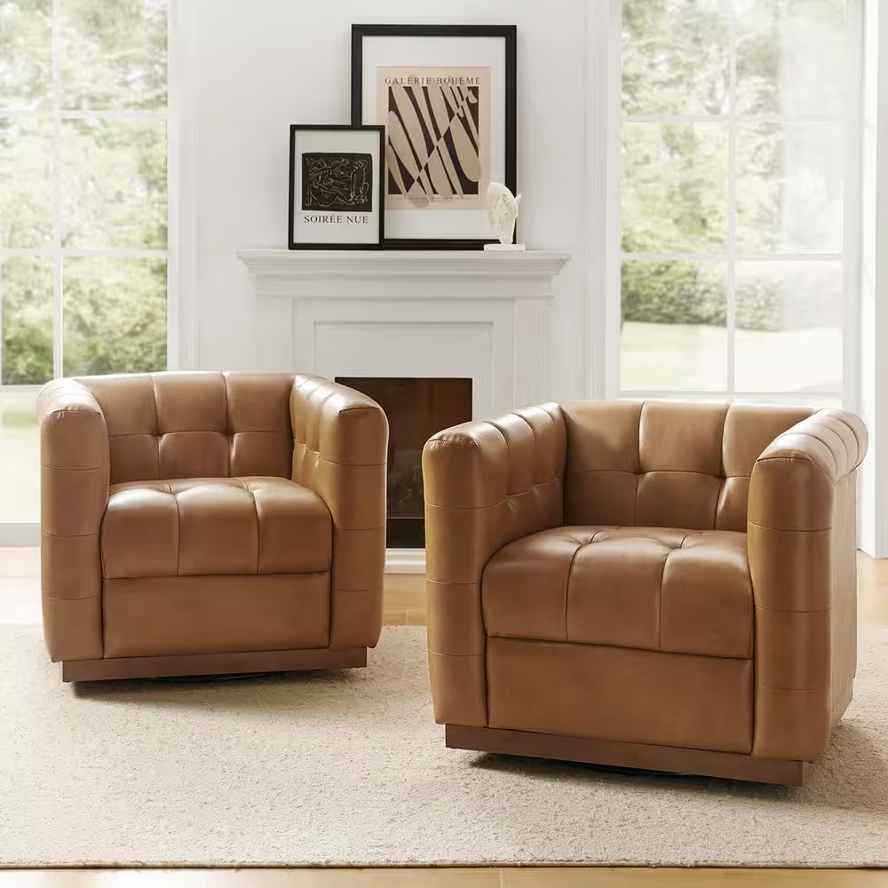 Gunther Camel Genuine Leather Swivel Club Chair (Set of 2) with Wooden Apron