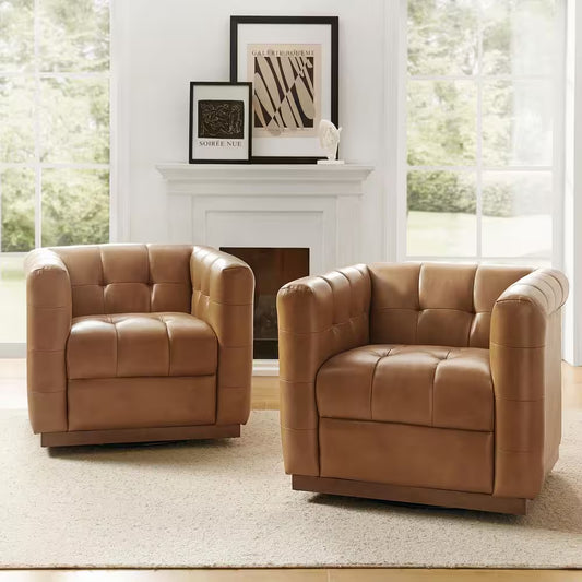 Gunther Camel Genuine Leather Swivel Club Chair (Set of 2) with Wooden Apron